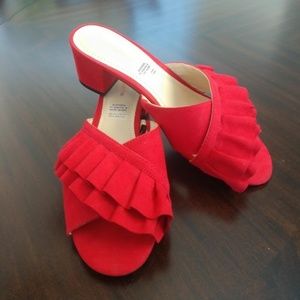 Beautiful Red Suede Ruffled Opened Toed Sandals